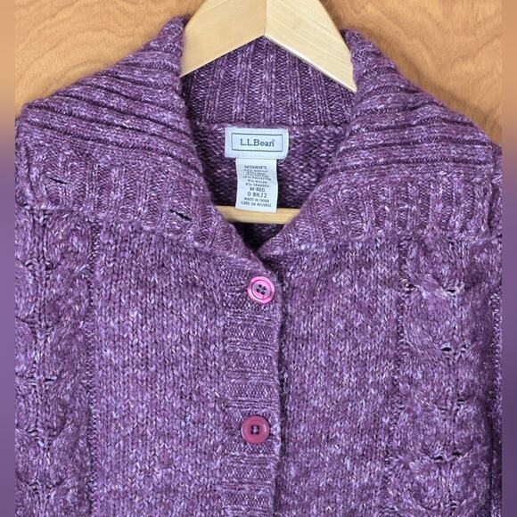LL BEAN Womens Plum Purple Med Long Sleeve Sweater Lay Flat Collar Button Front - Picture 2 of 6